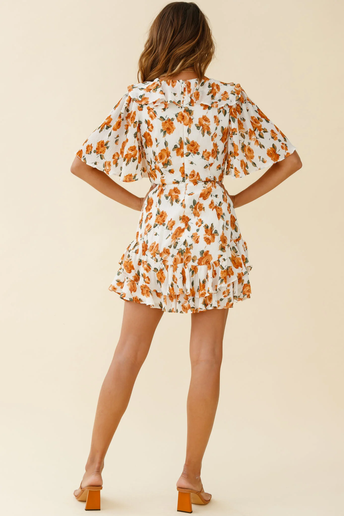 Mona Lisa Angel Sleeve Ruffle Trim Dress Rose Print Dress White/Tan