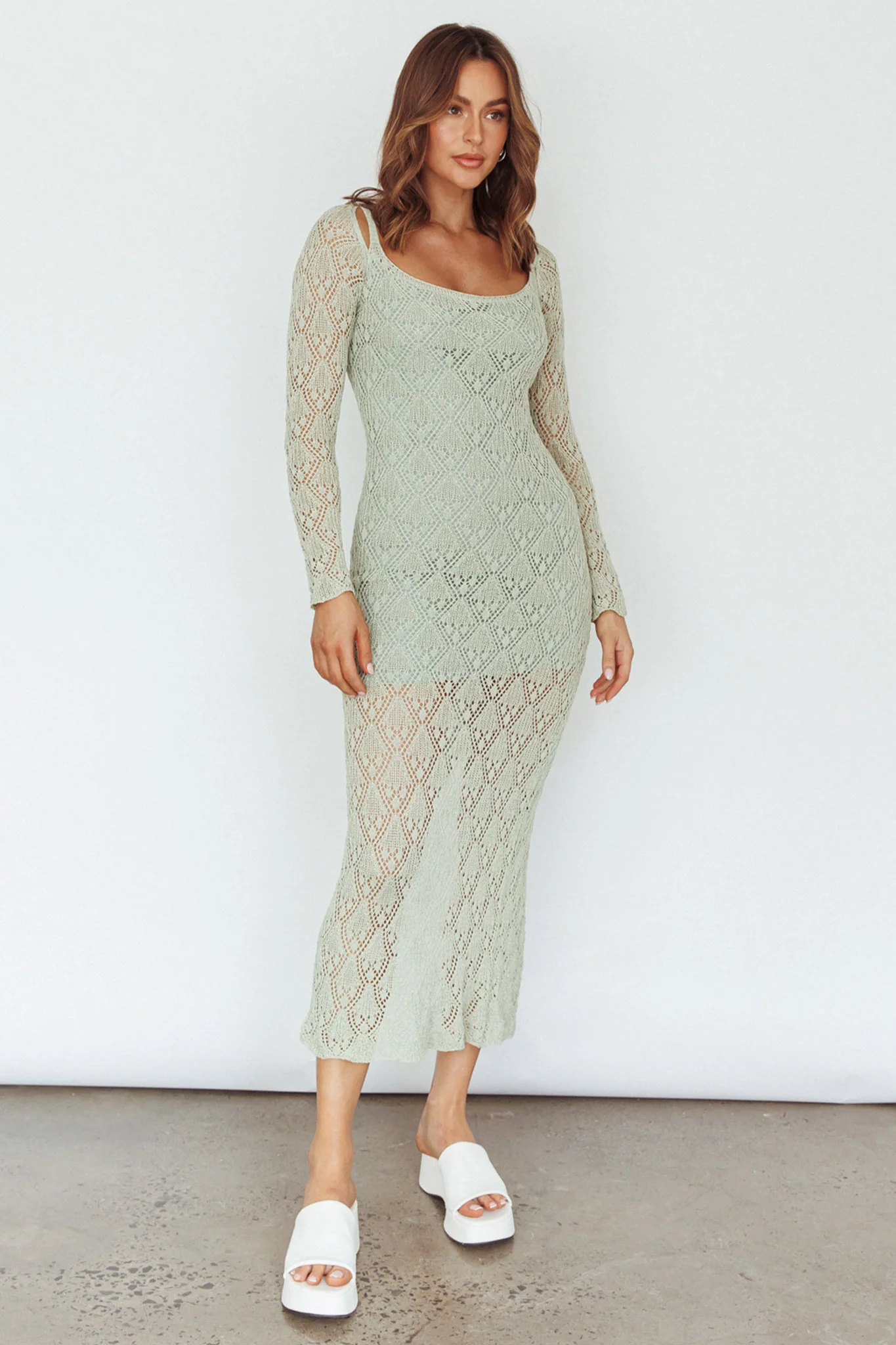 Happy Place Long Sleeve Crochet Midi Dress Sage