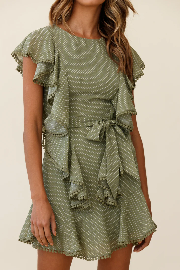 Deandra Ruffle Insert Waist Tie Dress Dash Pattern Olive