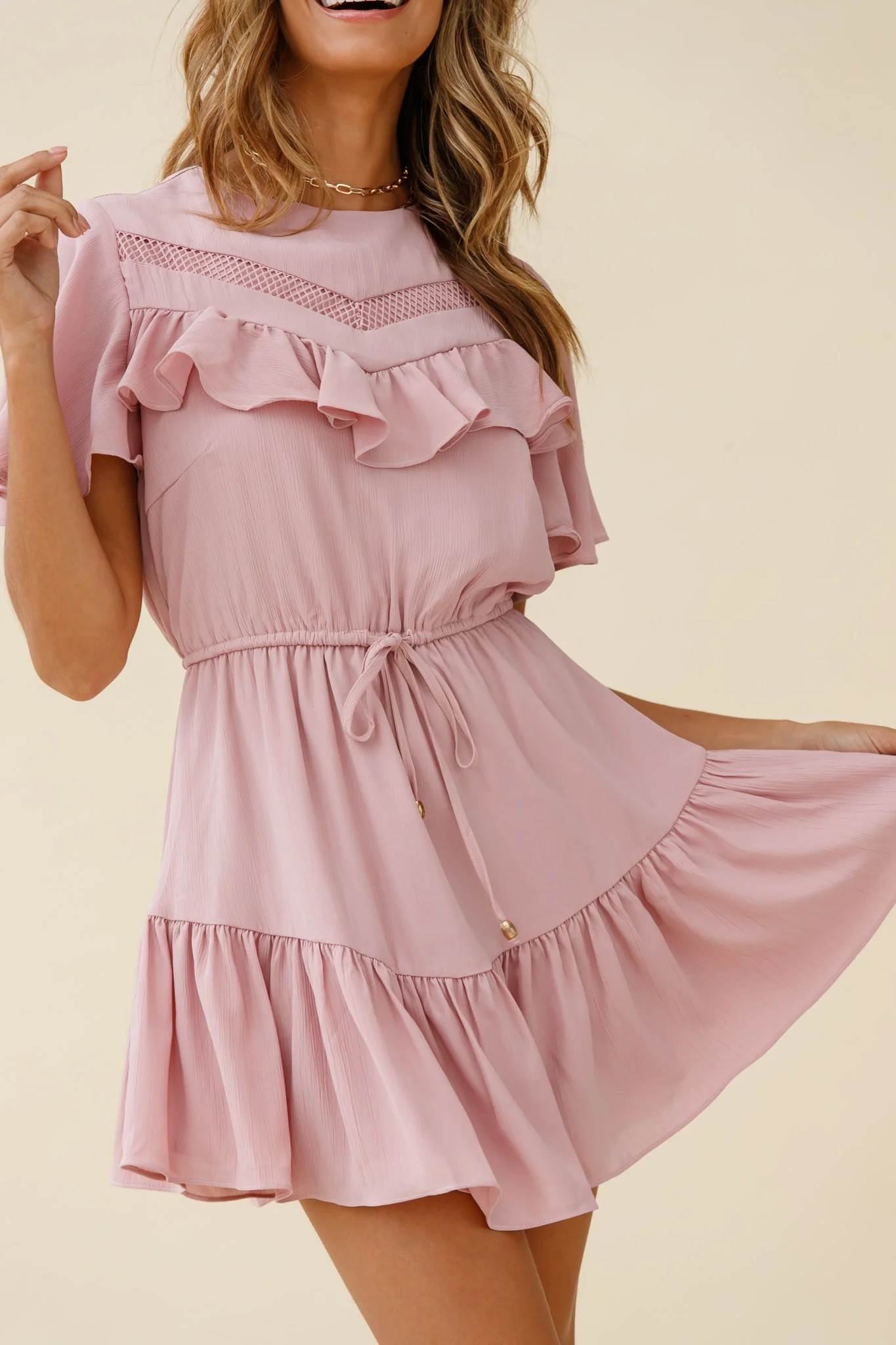 Forever Free Angel Sleeve Drawstring Waist Dress Blush