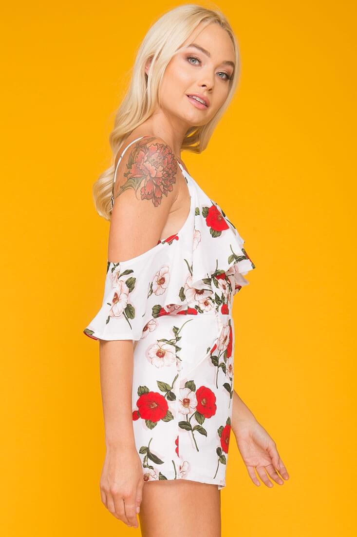Daleyza Ruffled Floral Romper White & Red