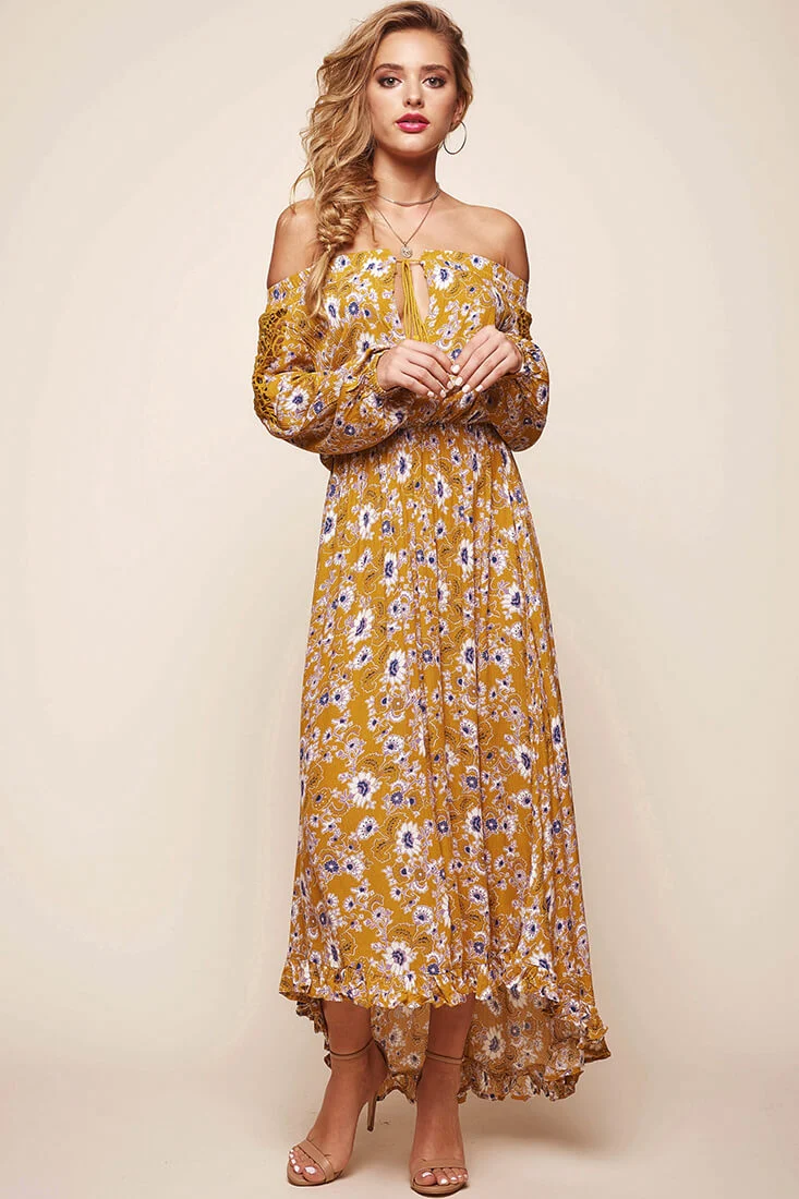 Mojave Off-Shoulder Floral Maxi Dress Mustard