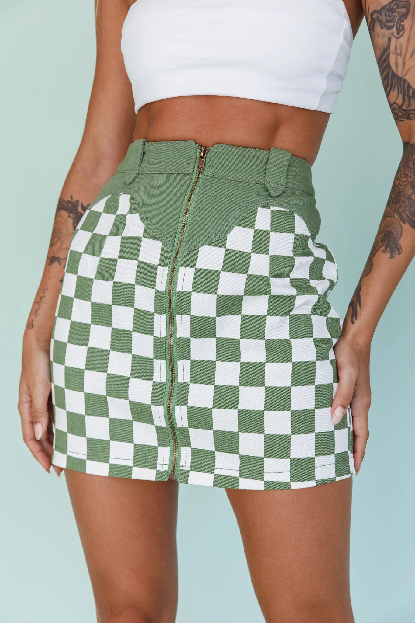 Rewind Zipper Front Mini Skirt Checkered Green