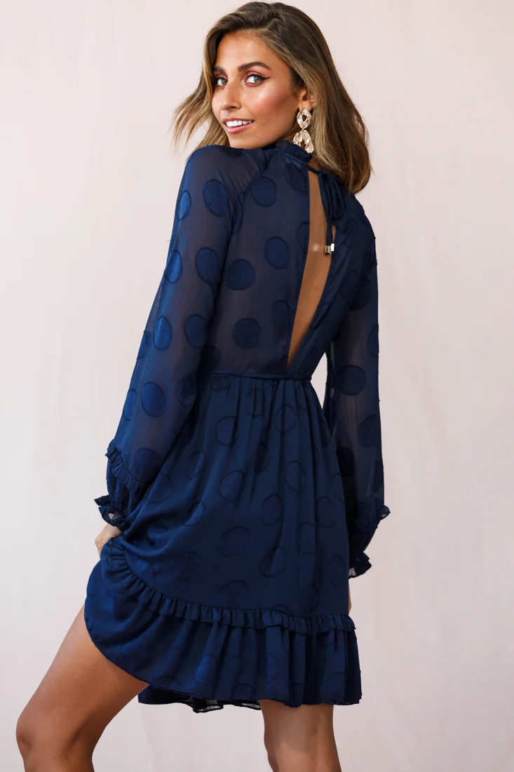 Tracee High Neckline Sheer Sleeve Polka Dot Dress Navy