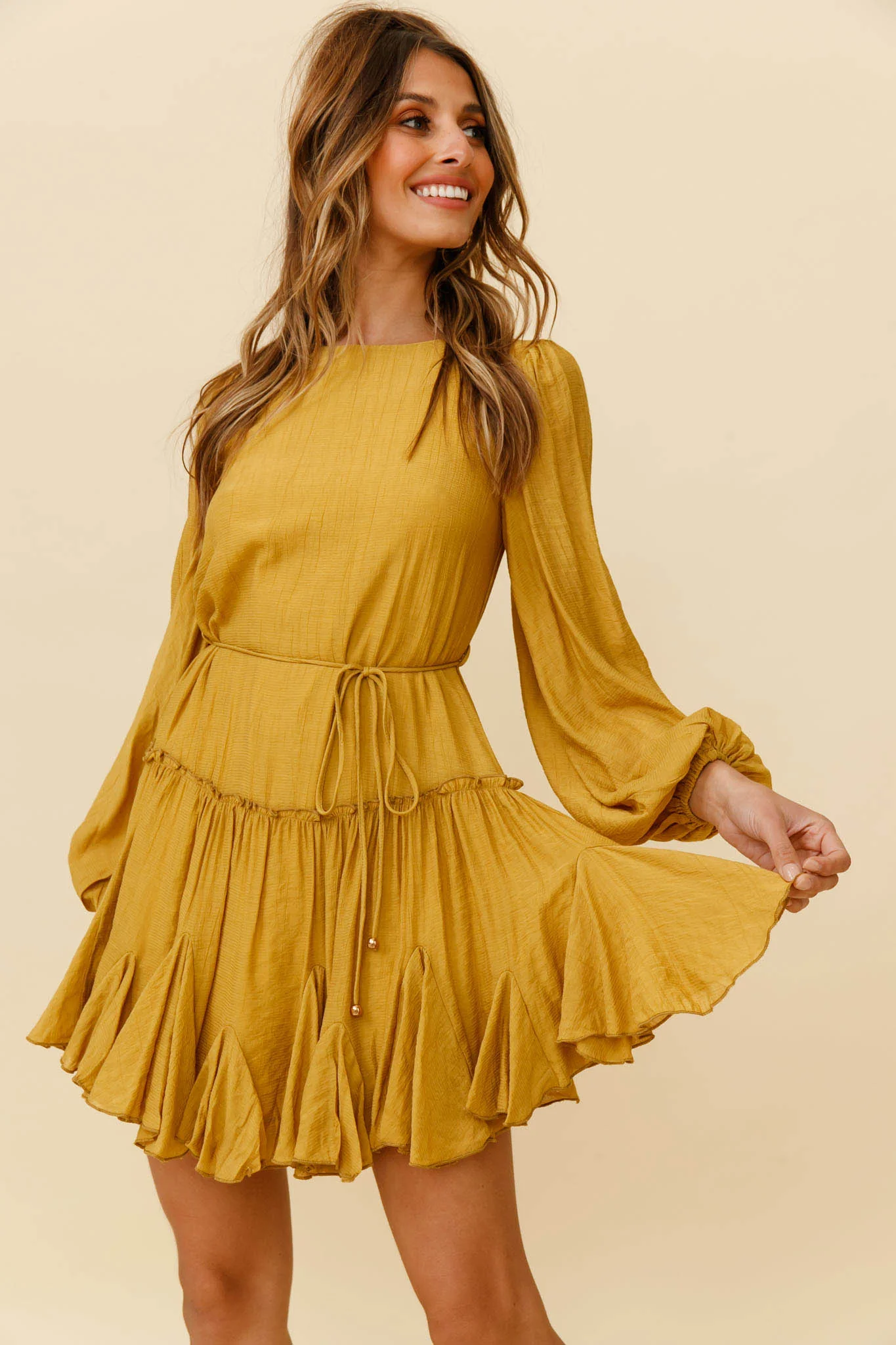 Rosabel Balloon Sleeve Fluted Hem Dress Mustard