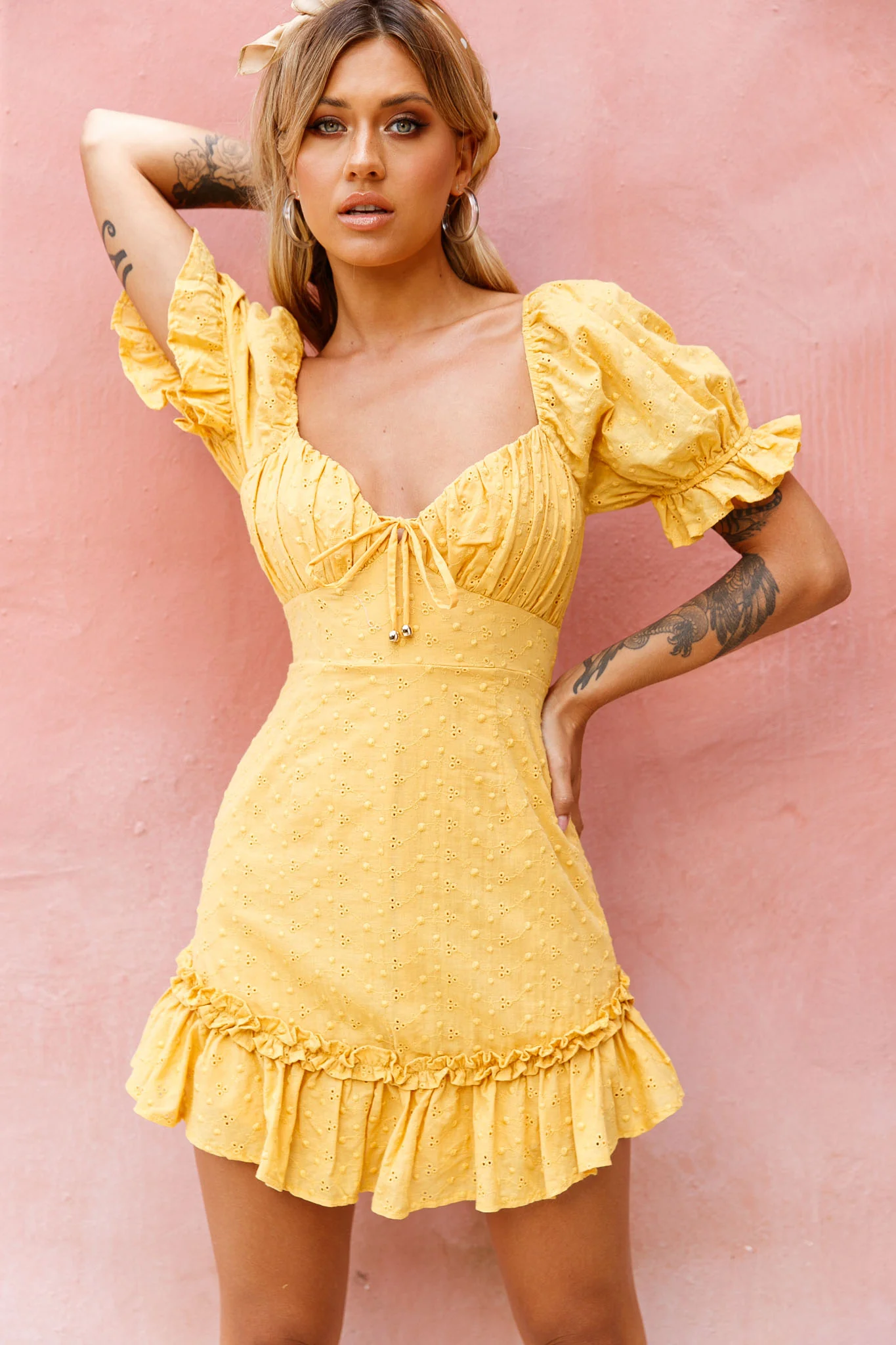 Hayden Puff Sleeve Eyelet Embroidery Dress Yellow