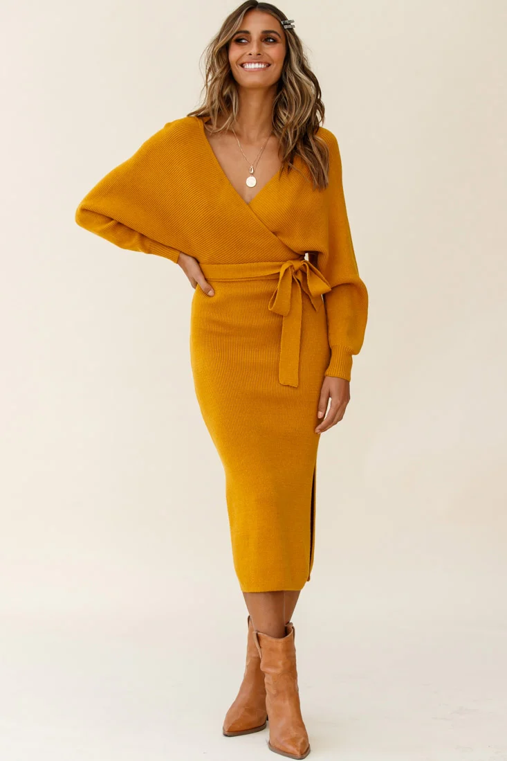 Cameo Batwing Knit Midi Dress Mustard