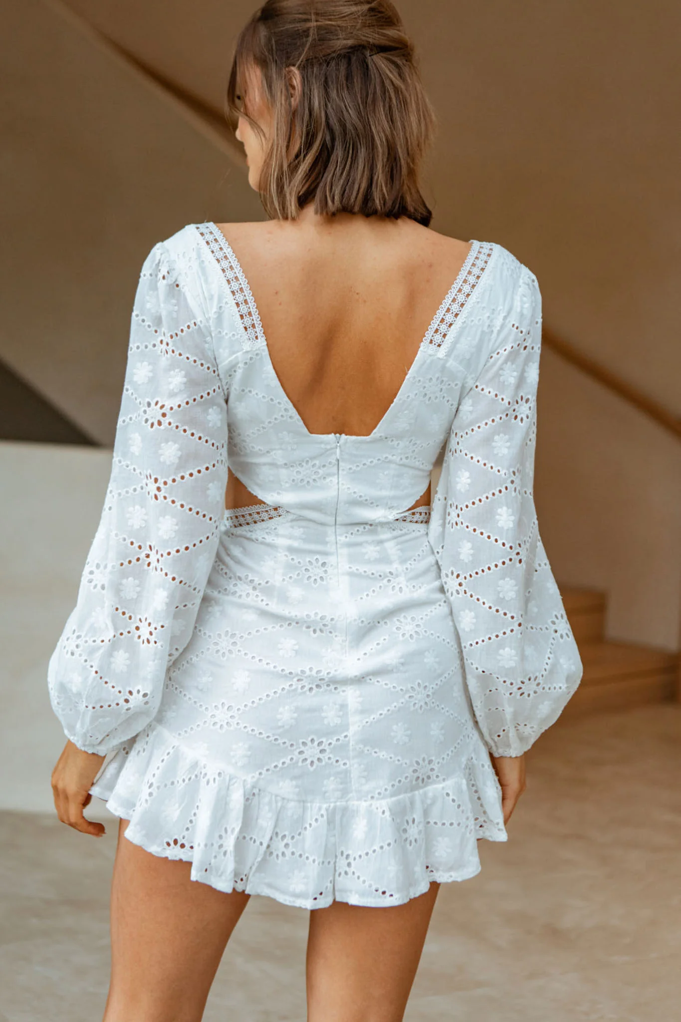 Santorini Sunset Balloon Sleeve Cut-Out Eyelet Dress White