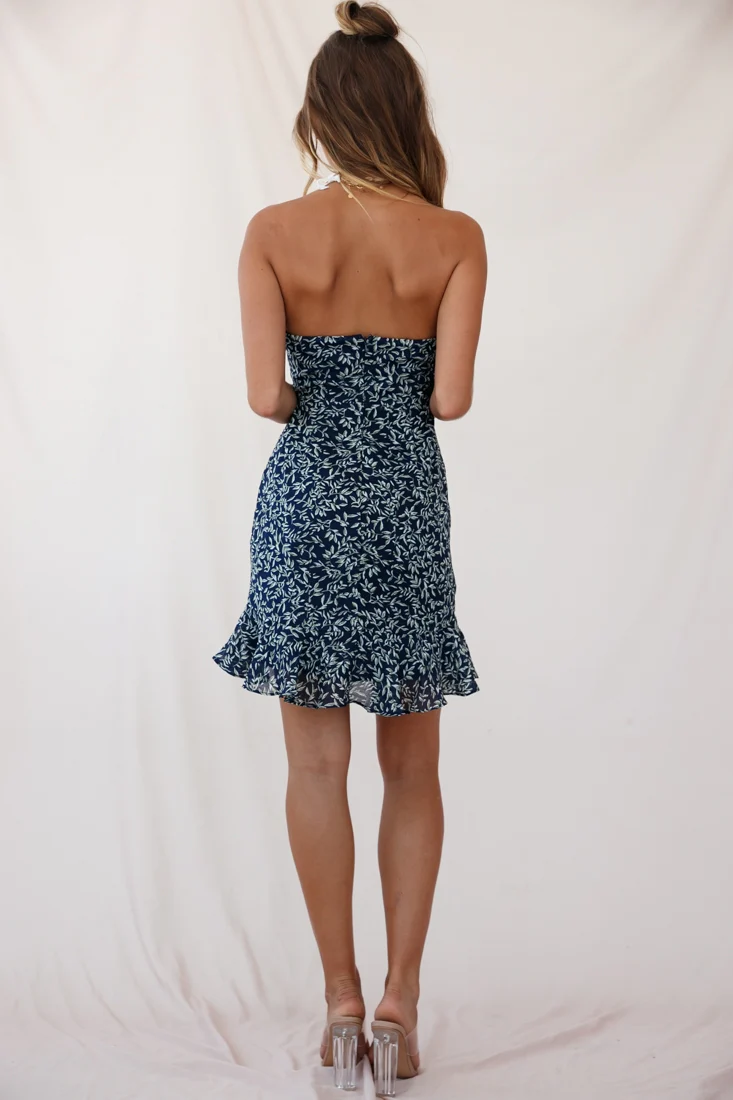 Lucky Tie-Knot Bust Ruffle Hem Mini Dress Leaf Print Navy