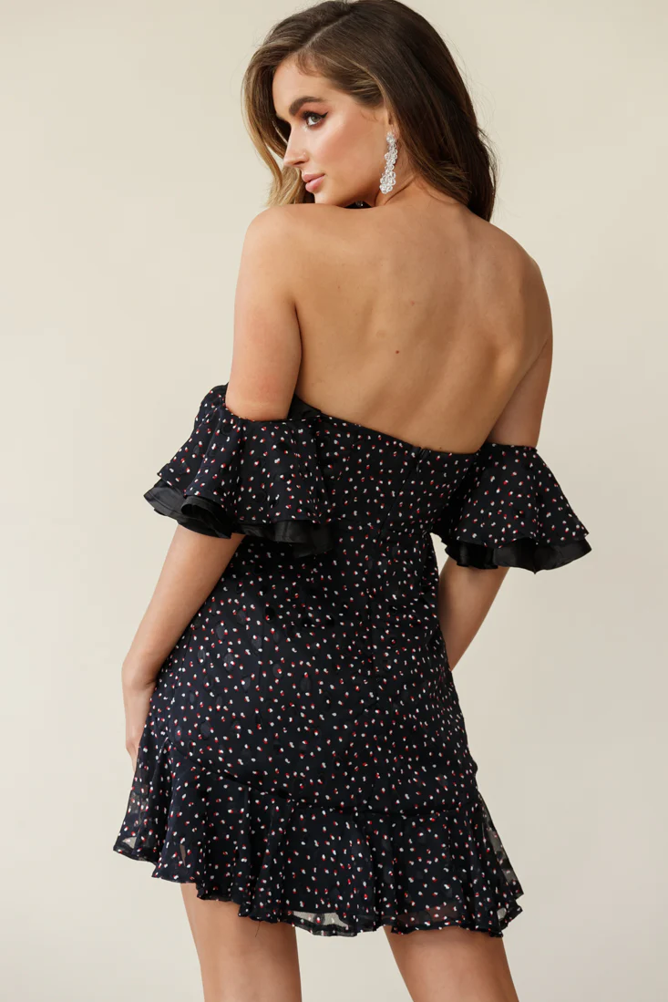 Lure Off-Shoulder Ruched Dress Speckle Print Black