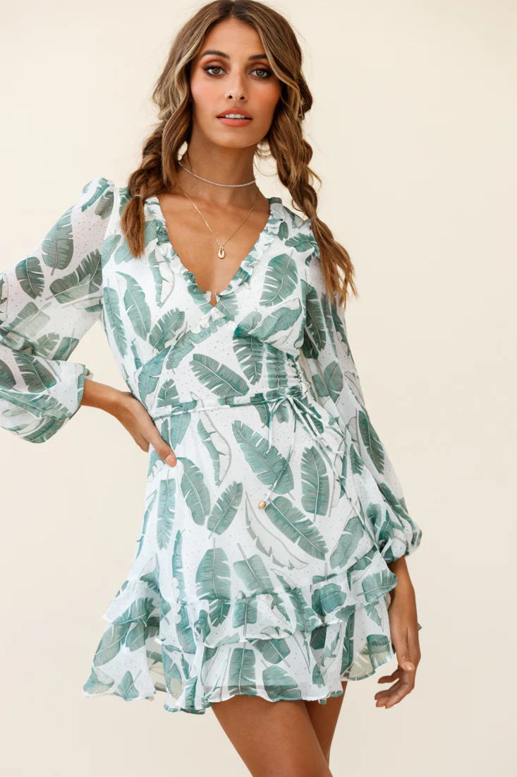 Tozzi Long Balloon Sleeve V-Neckline Dress Feather Print White