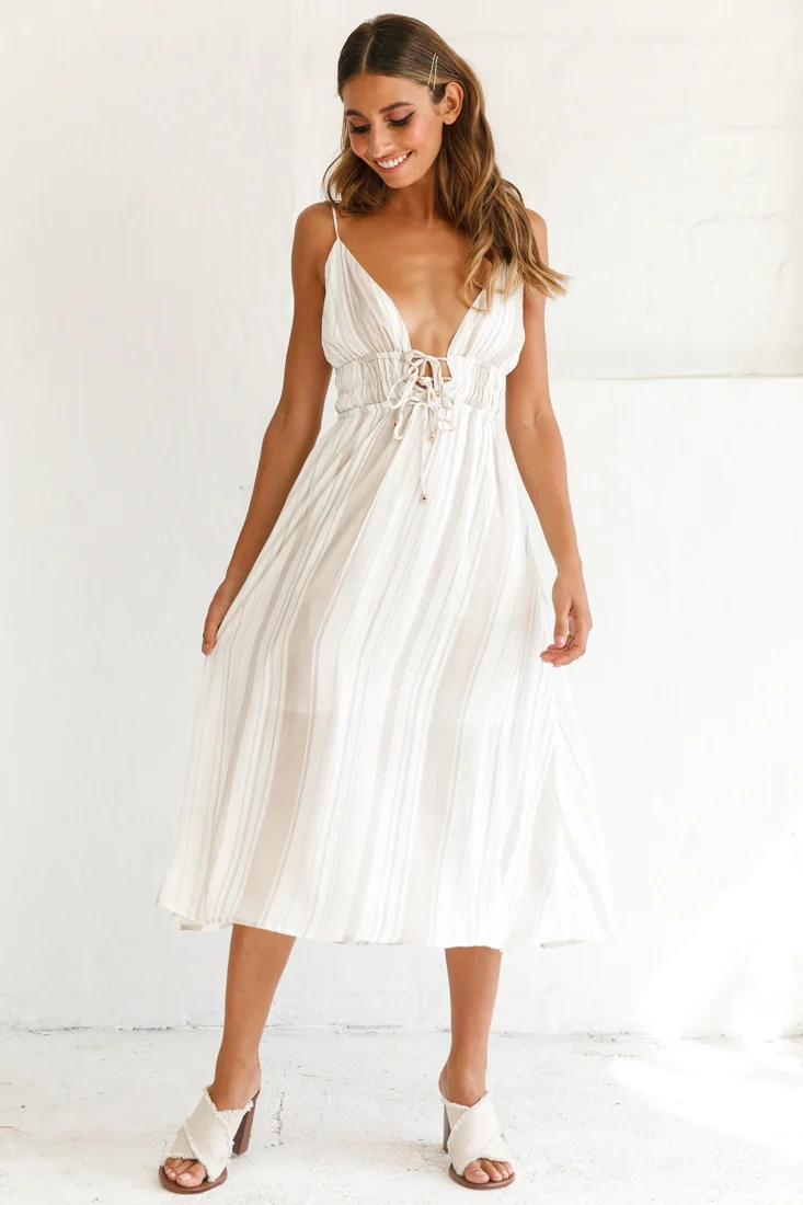 Hosanna Drawstring Detail Pocket Midi Dress Stripe Print Mocha