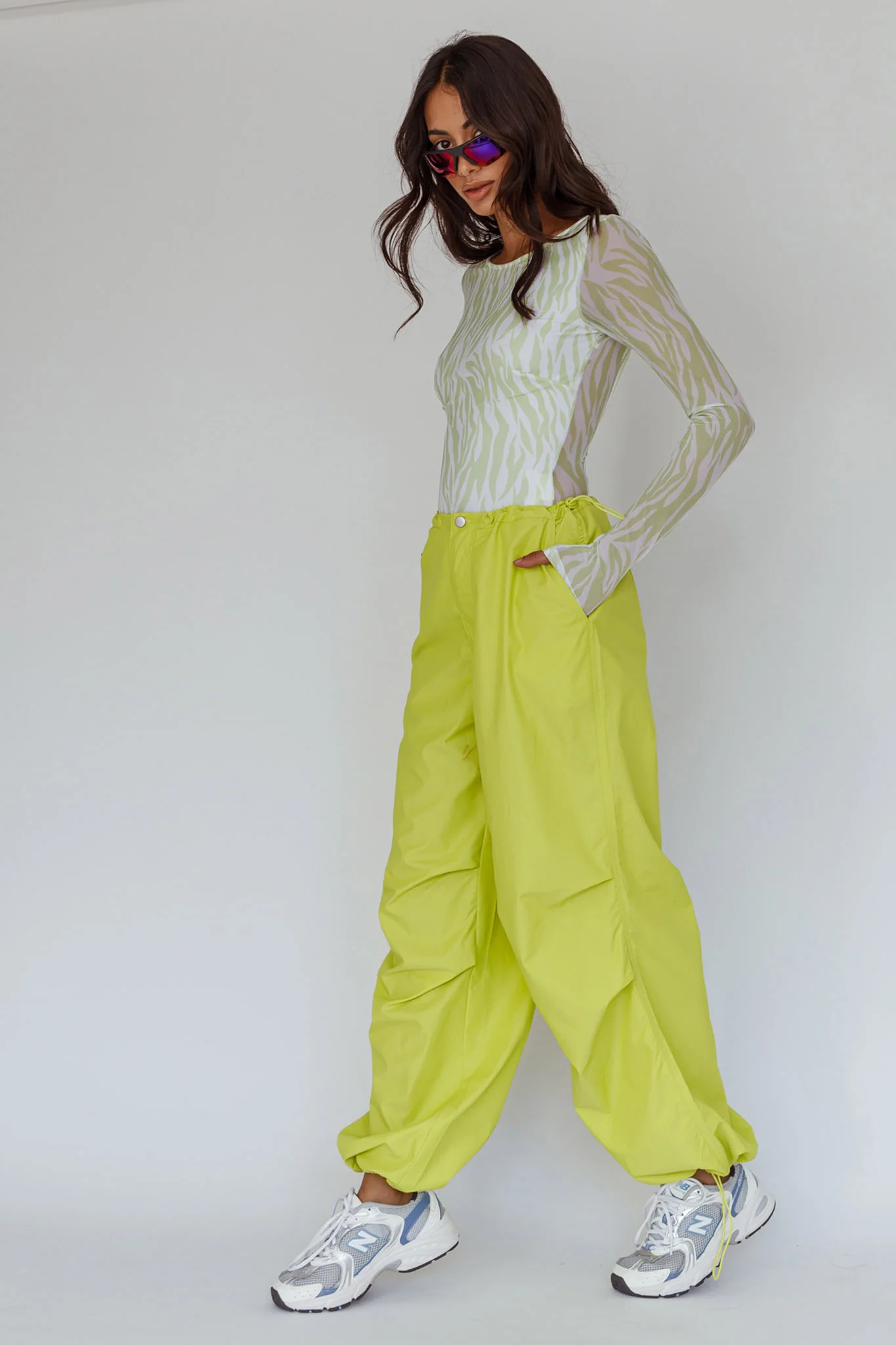 Juni Long Sleeve Low Back Mesh Bodysuit Tiger Lime