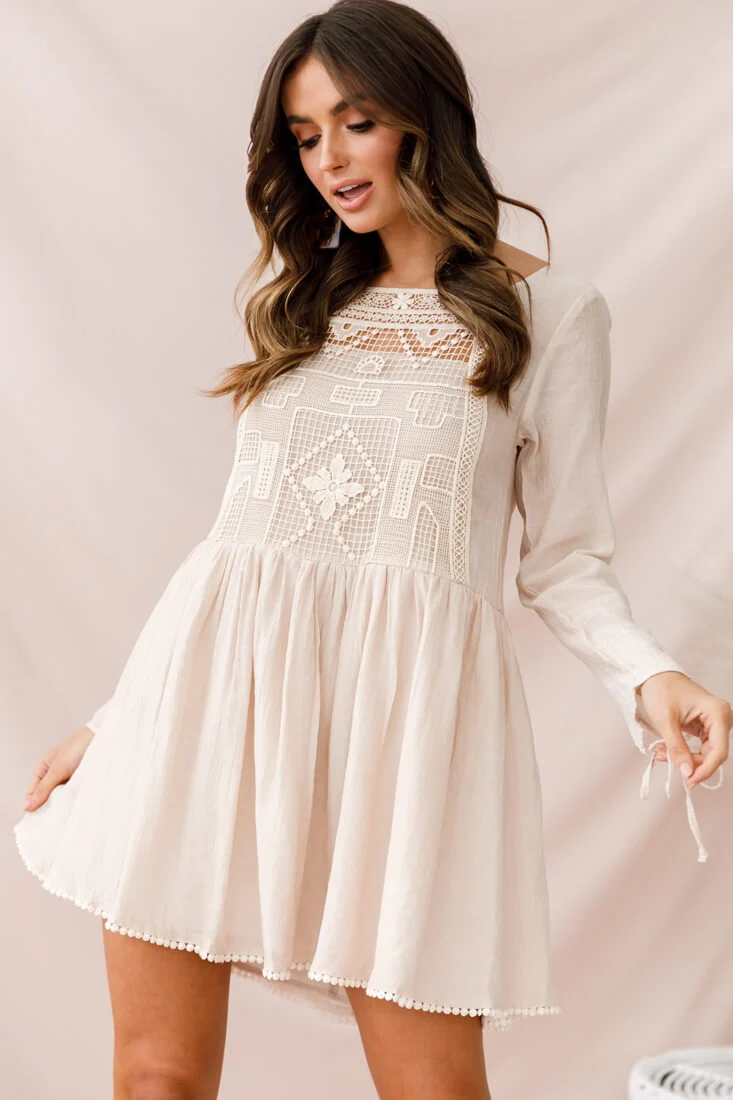 Cassie Embroidered Bust Swing Dress Beige