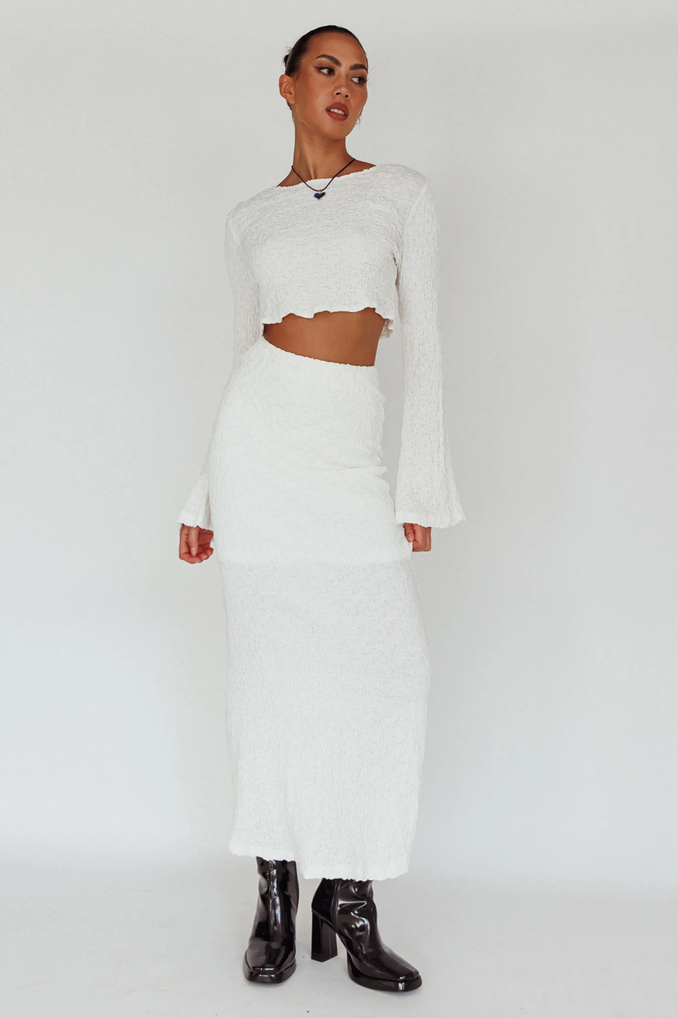 Treasures Textured Midi Skirt White