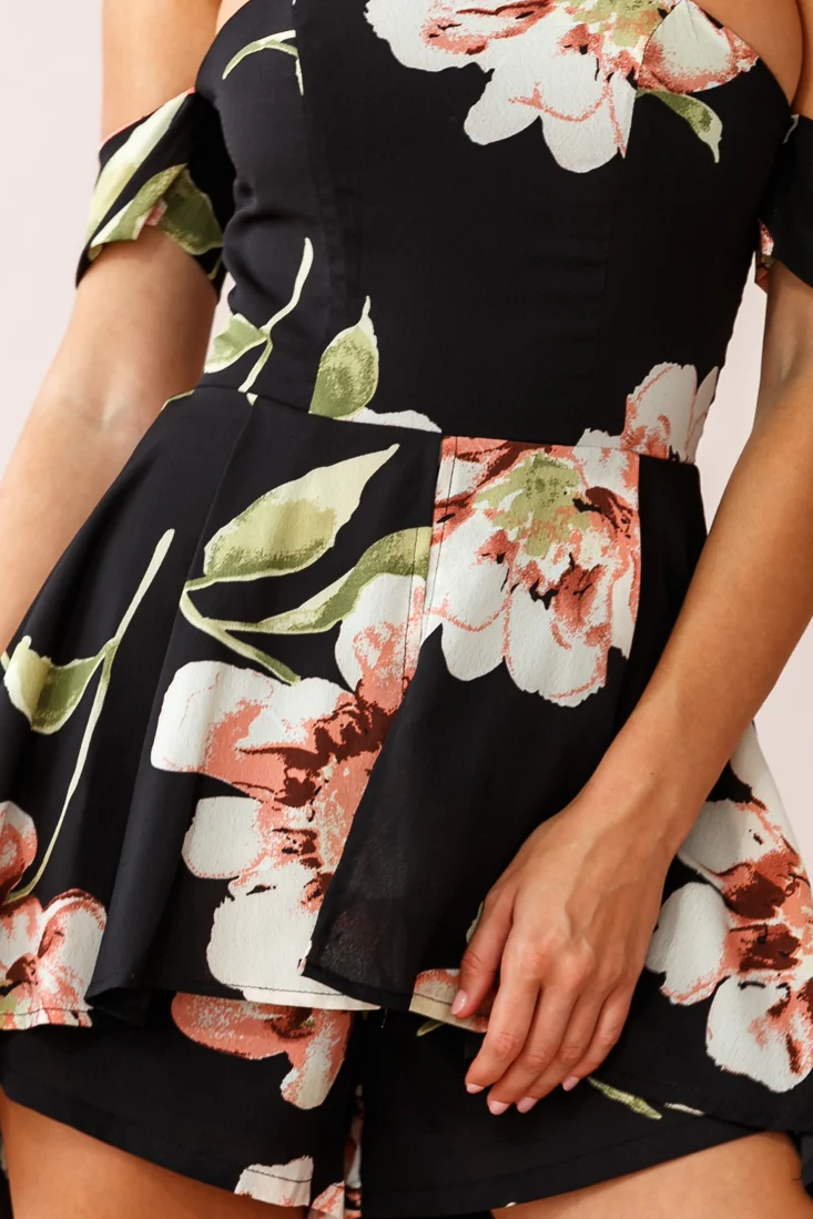 Jessa Off the Shoulder High Low Floral Romper Black
