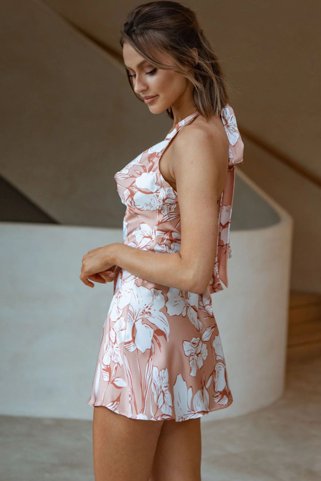 Champagne Showers Halterneck Slip Mini Dress Hibiscus Print Peach