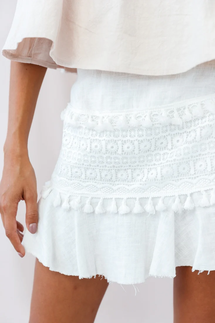 Elexa Crochet Applique Raw Hem Skirt White