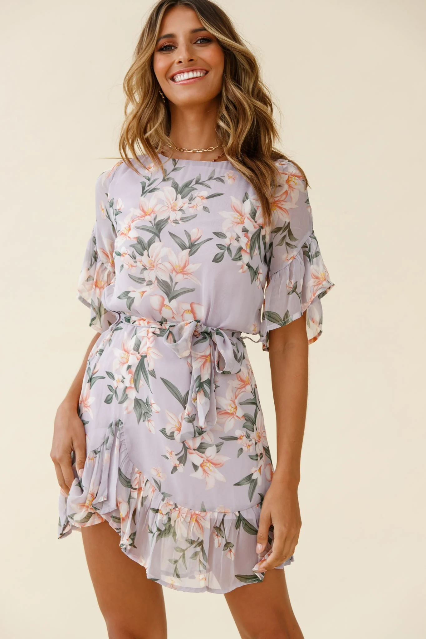 Azealia Ruffle Hem Dress Flower Print Purple