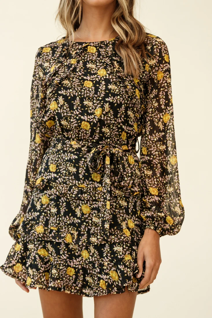 Dusk Long Sleeve Waist Tie Frill Dress Floral Print Black