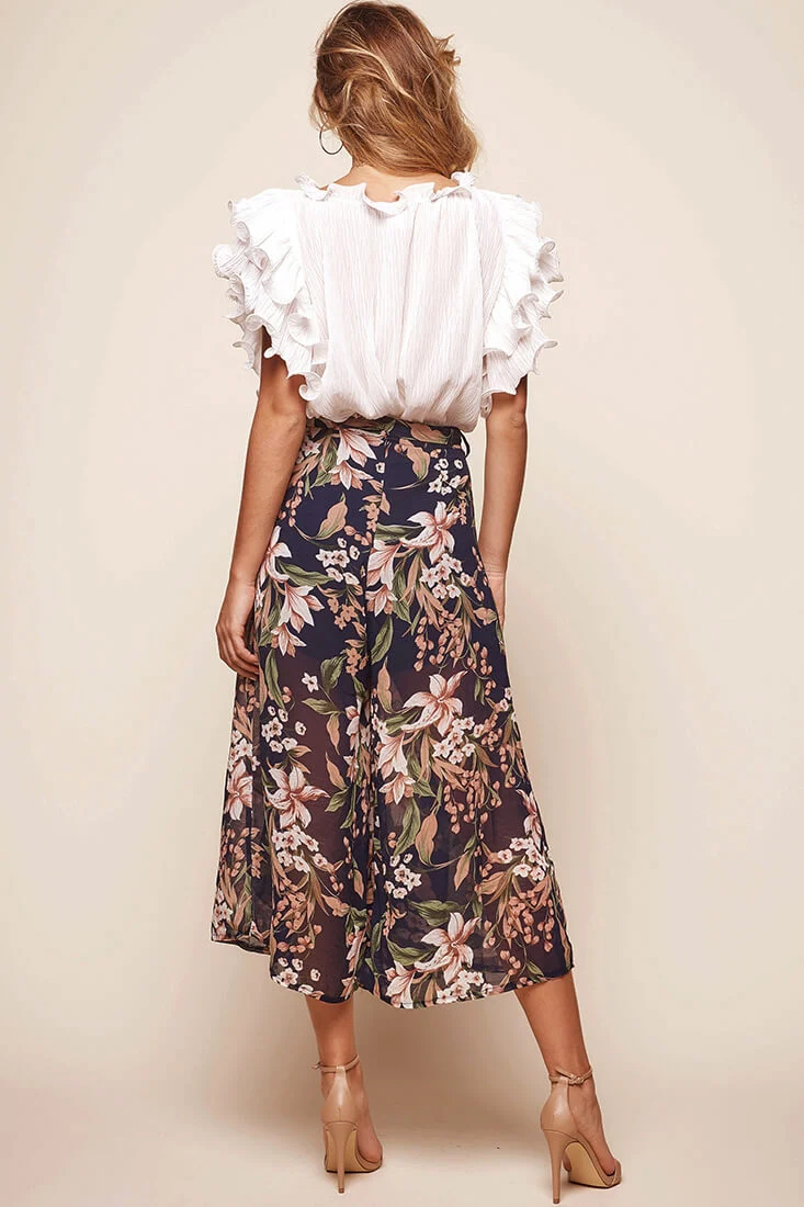 Constance Wide Leg Ruffle Pants Navy Print