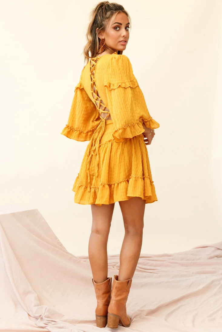 Albany Lace Up Back Frill Dress Shirred Mustard