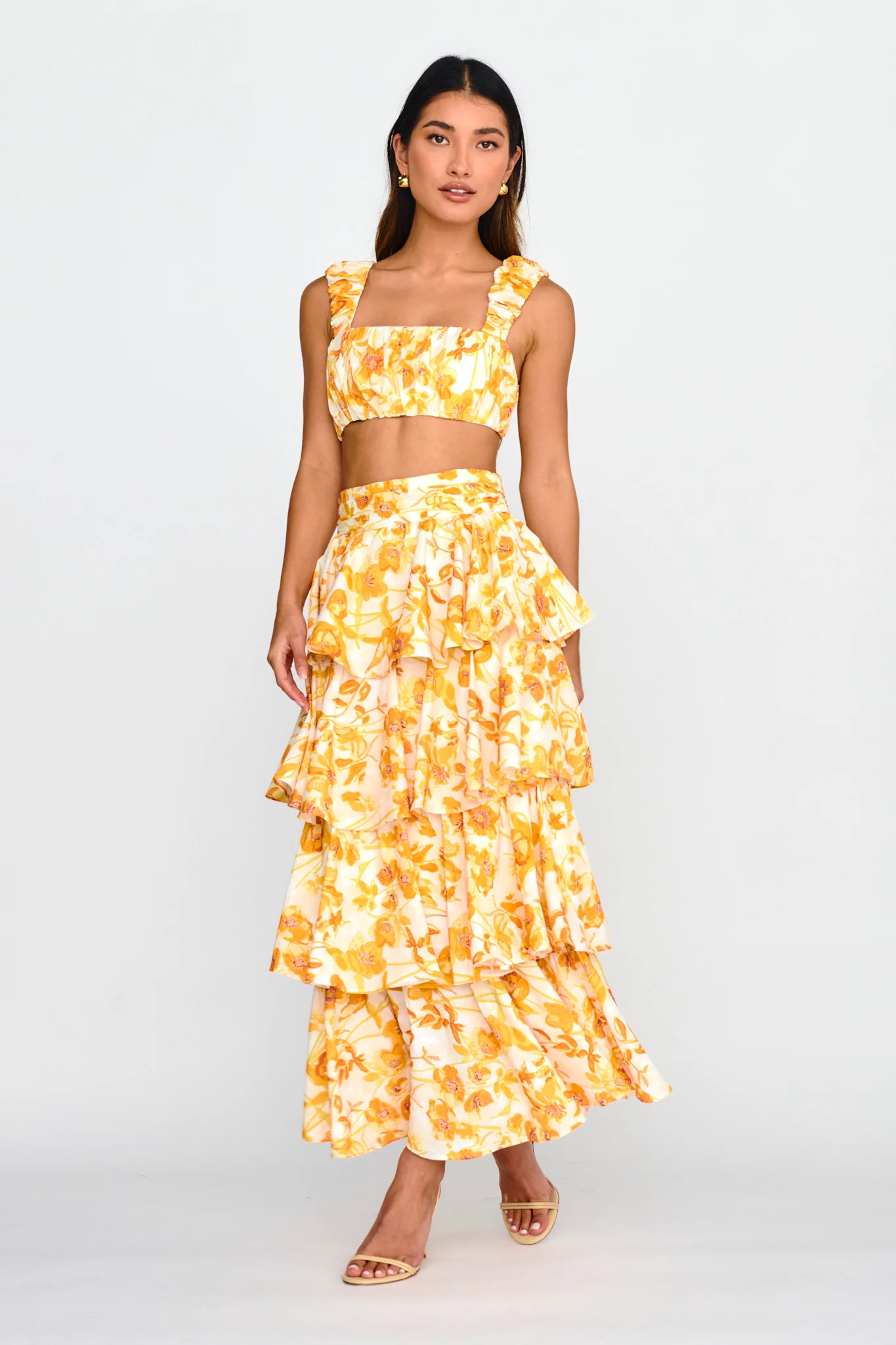Suenito Tiered Frill Maxi Skirt Floral Orange