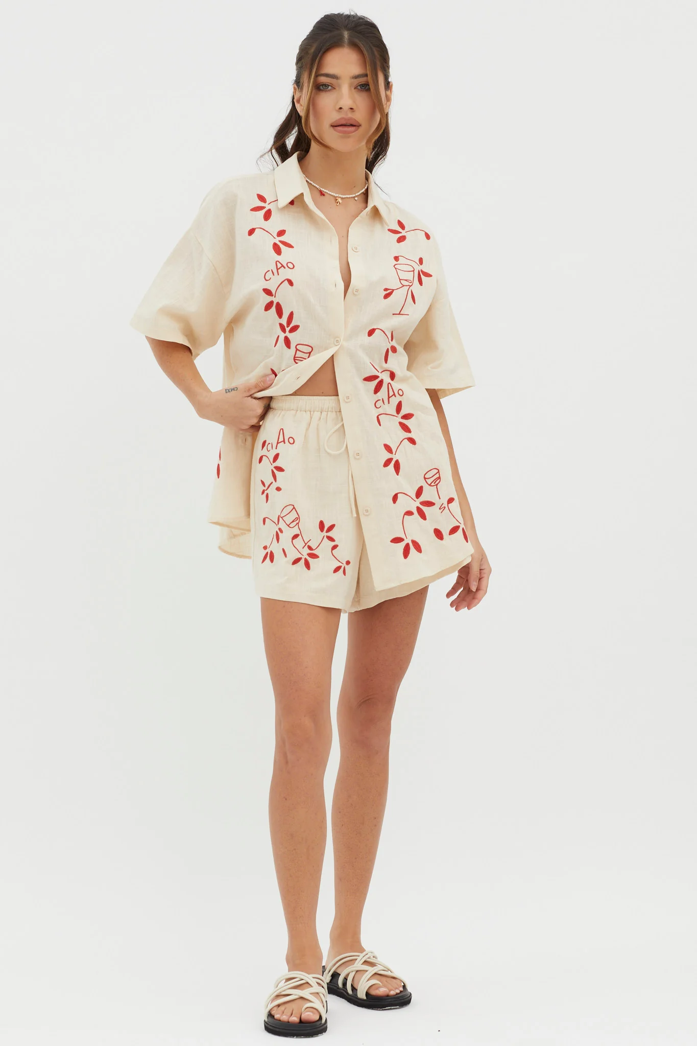 Ciao Ciao Embroidered Drawstring Shorts Oat