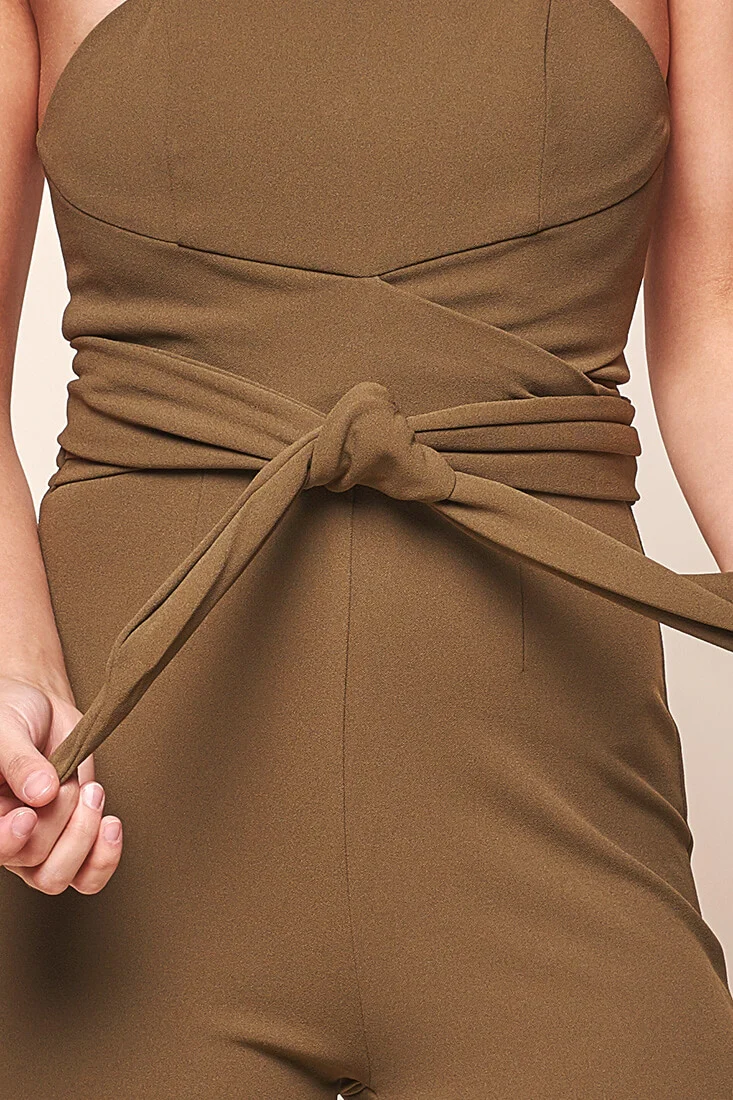 Payton Strapless Waist Tie Bodycon Jumpsuit Khaki