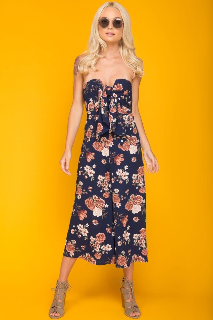 Khloe Floral Summer Bow Tie Jumpsuit Navy