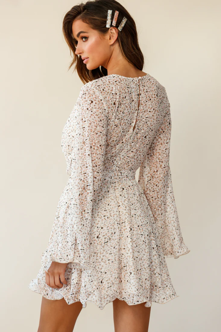 Zinnia Long Sleeve Lettuce Edge Dress Speckle Print Nude