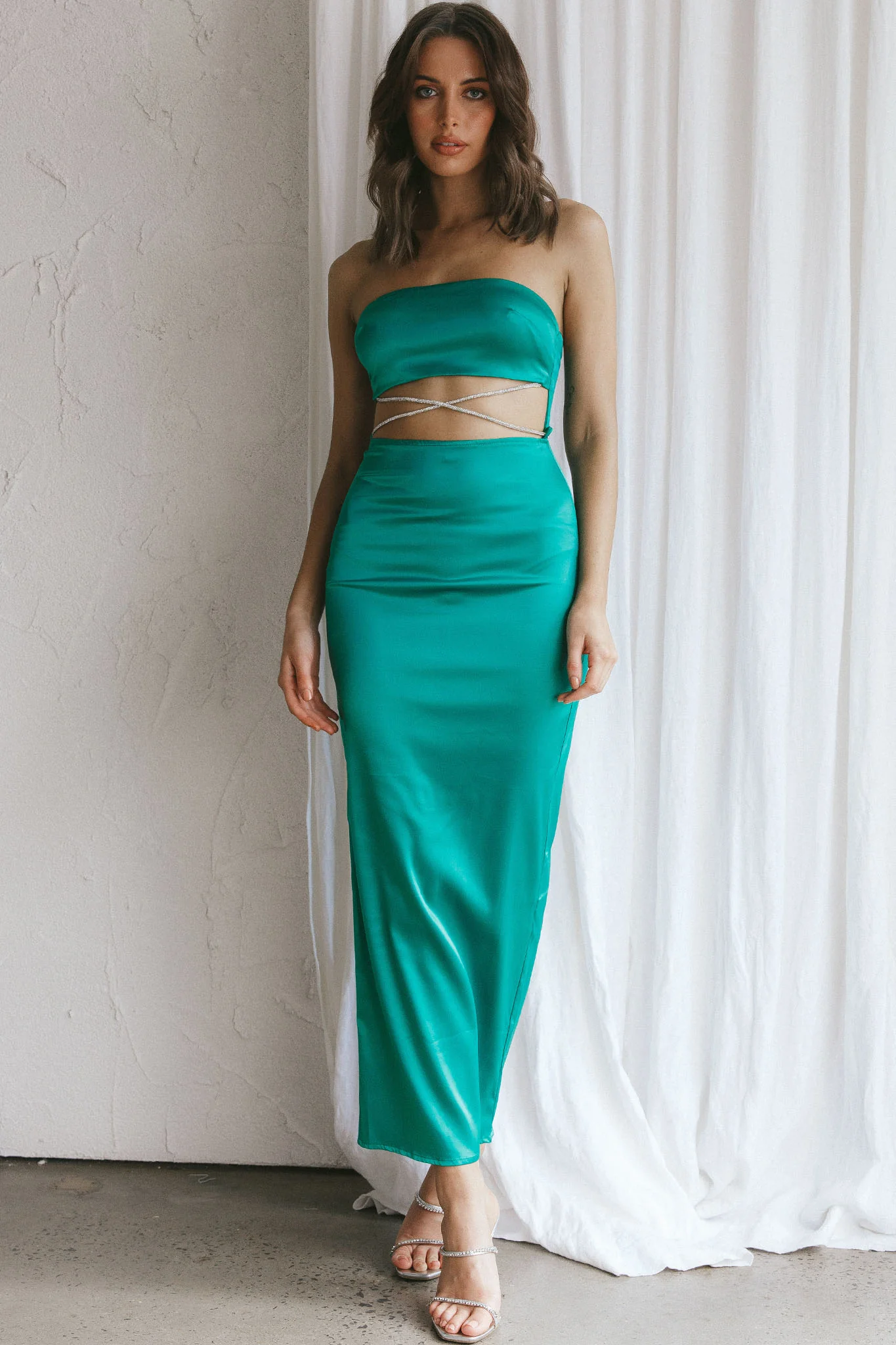 Nohemi Strapless Diamante Maxi Dress Green