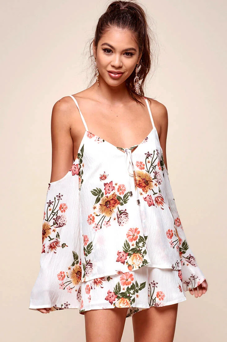 Ashanti Off the Shoulder Layered Floral Romper White