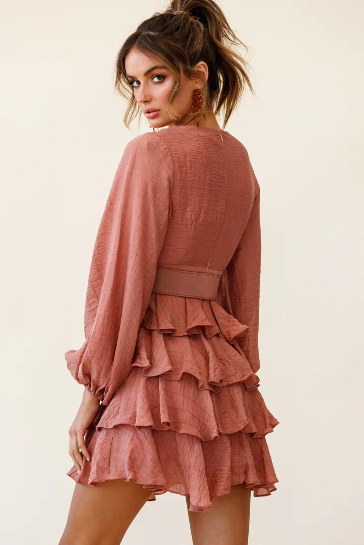 Queensland Balloon Sleeve Tiered Frill Belt Dress Rose