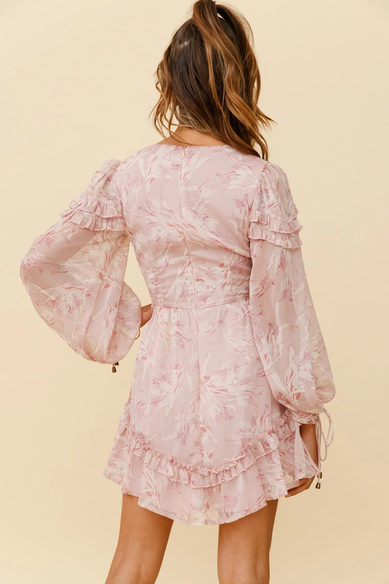 Katelyn Long Balloon Sleeve Frill Accent Dress Floral Print Pink