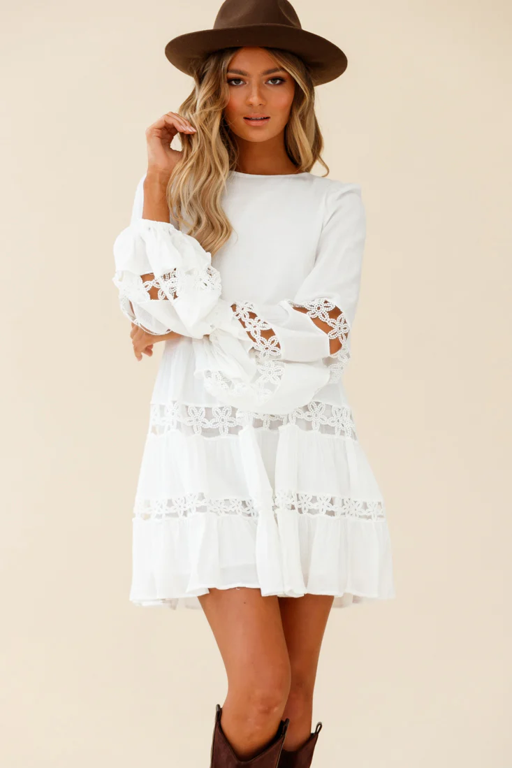 Miles Away Long Balloon Sleeve Trim Insert Dress White