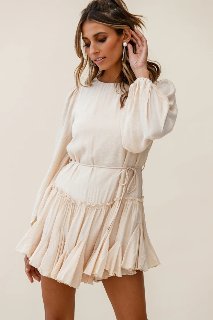 Rosabel Balloon Sleeve Fluted Hem Dress Beige
