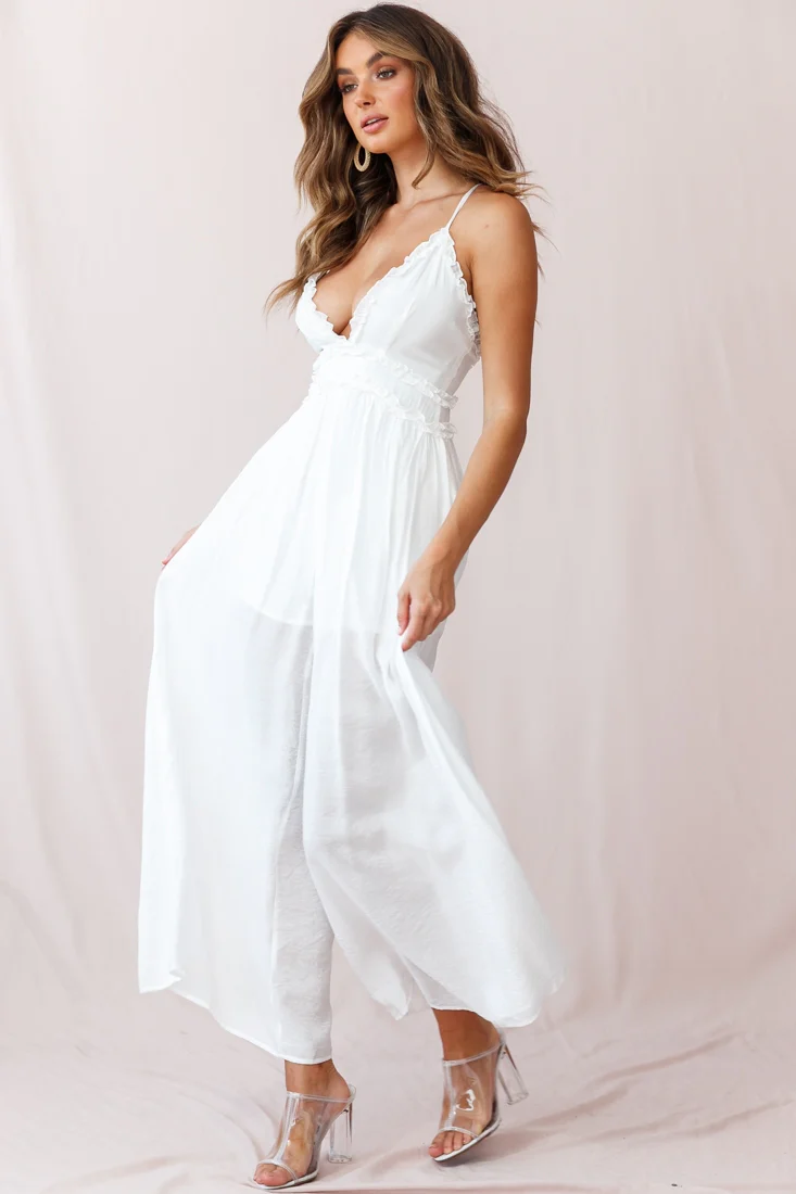 Laney Wide Leg Ruffle Detail Jumpsuit White
