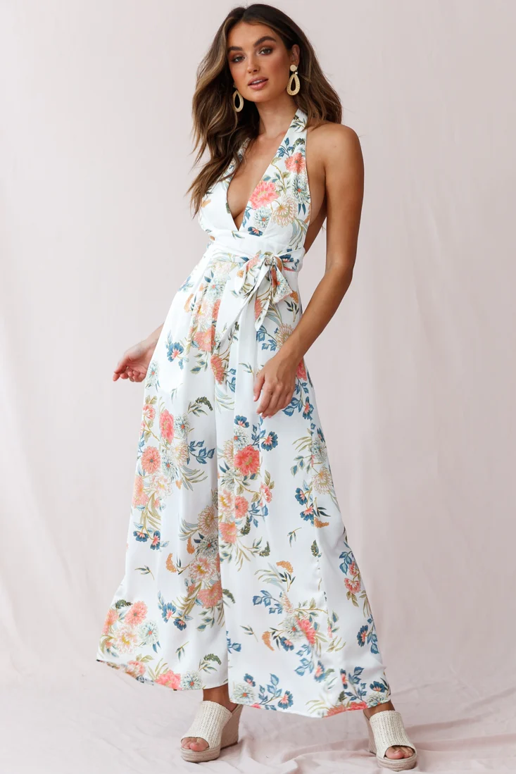 Make Me Halterneck Low Back Jumpsuit Floral Print White