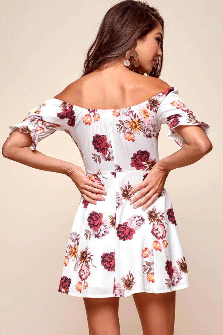 Hera Off the Shoulder Fit and Flare Floral Dress White