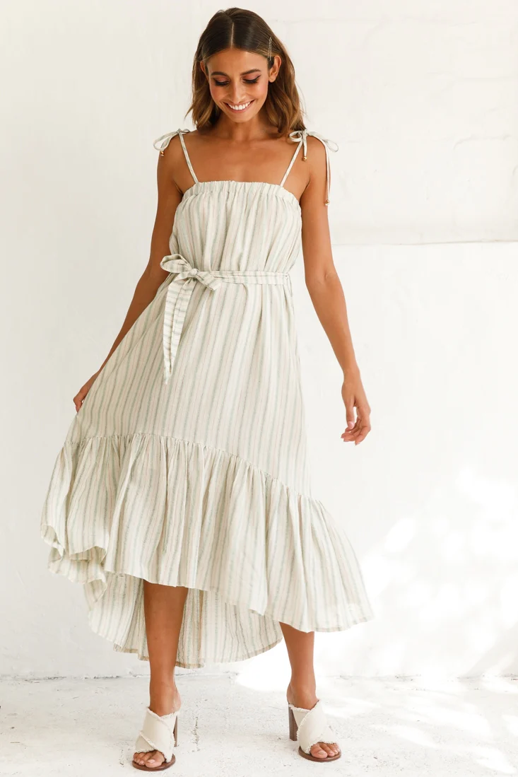 Golden Days Tied-Shoulder Midi Dress Stripe Pattern Olive