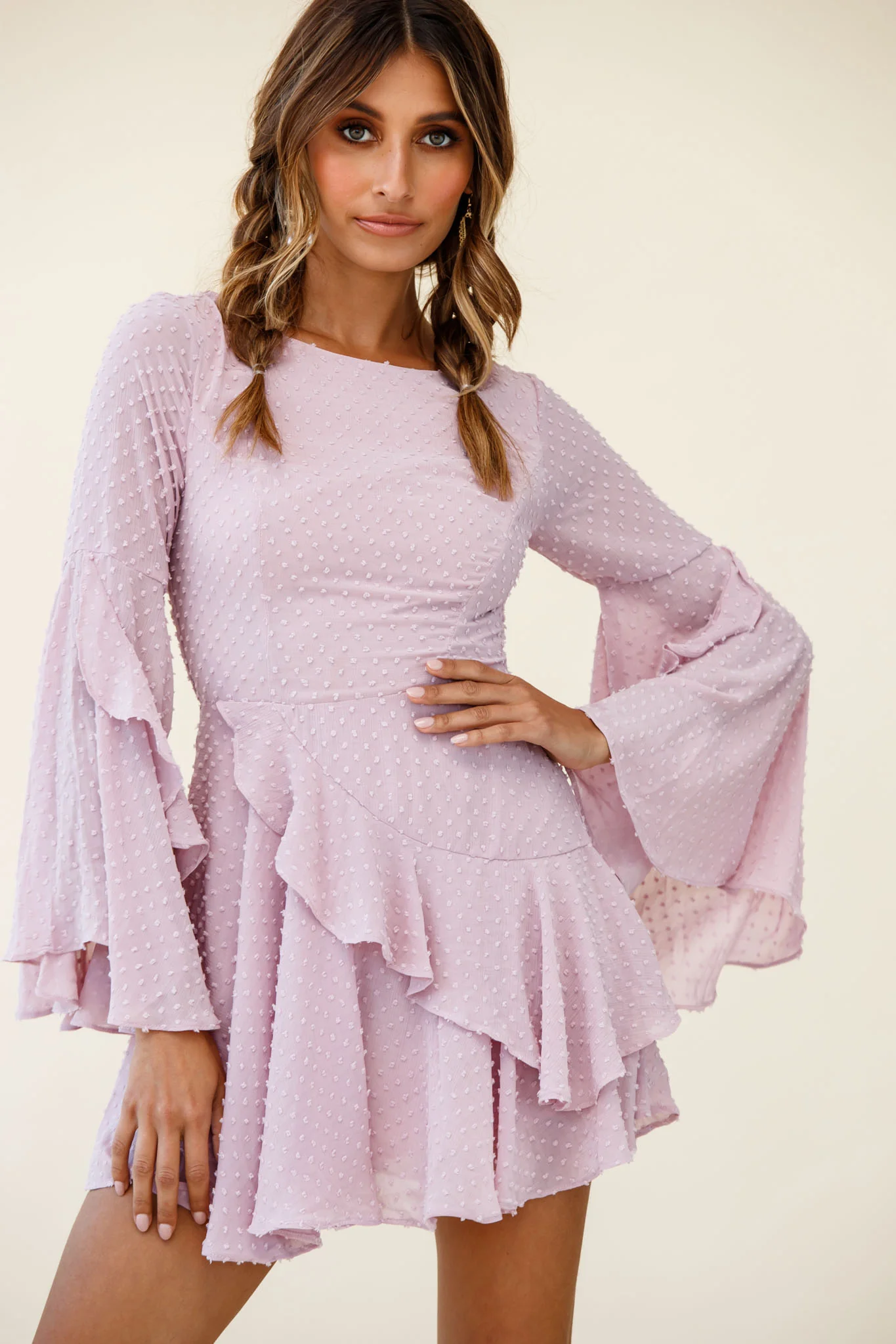 Carlini Flared Sleeve Boat Neckline Dress Blush