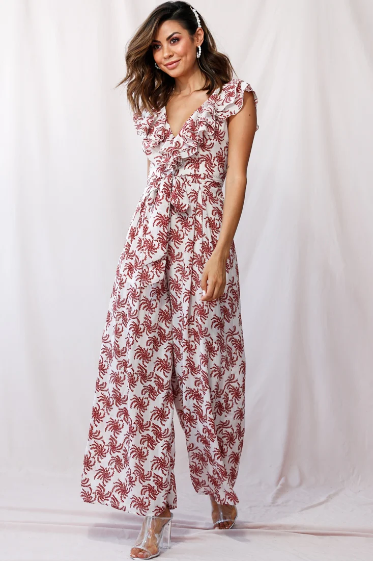 Marcia Ruffle Strap Wide Leg Jumpsuit Floral Print Beige