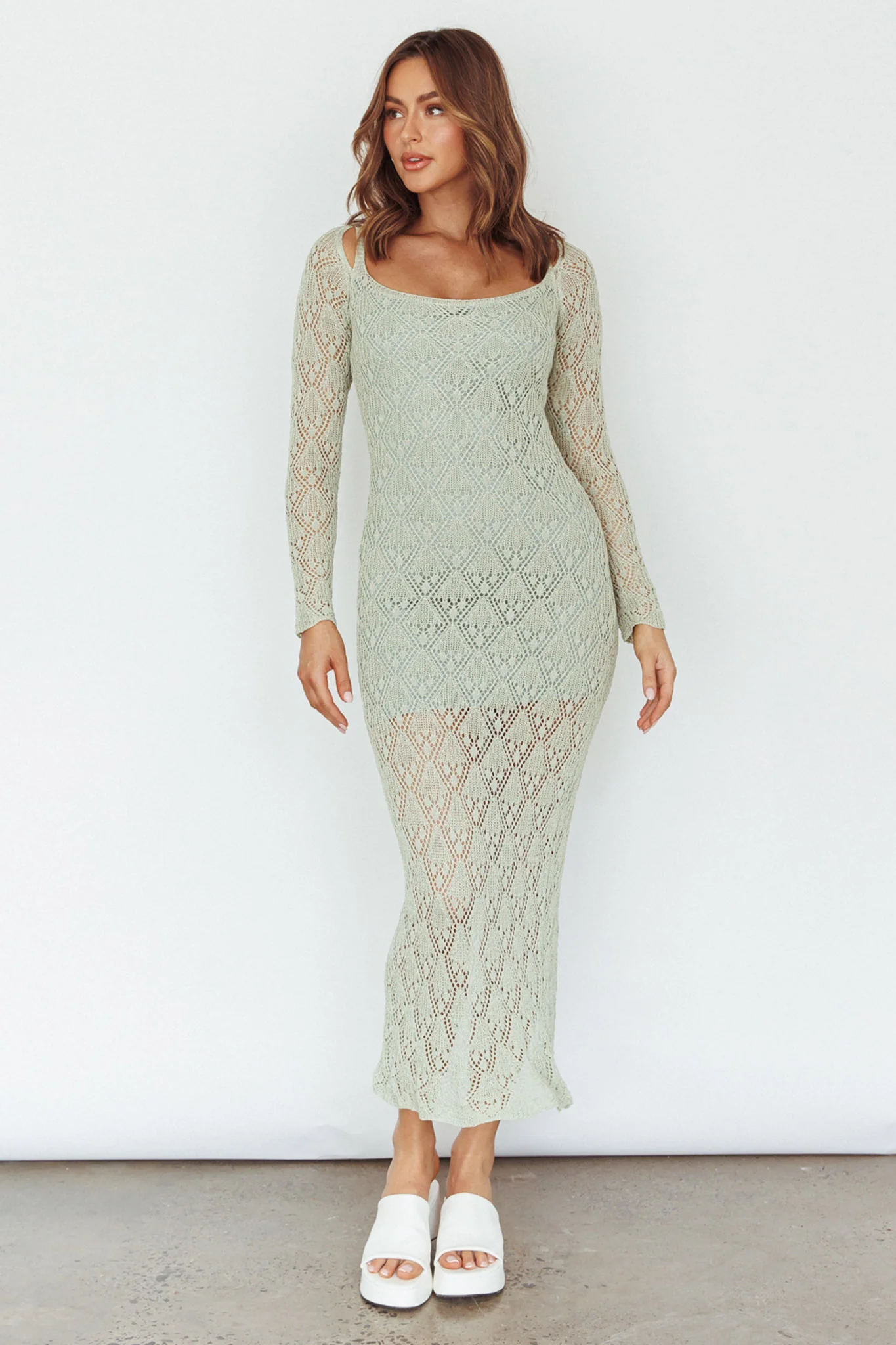 Happy Place Long Sleeve Crochet Midi Dress Sage