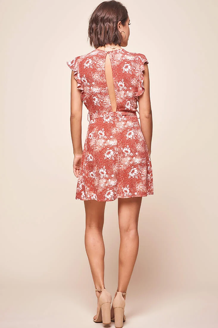 Francesca Ruffle Sleeve Wrap Dress Rust