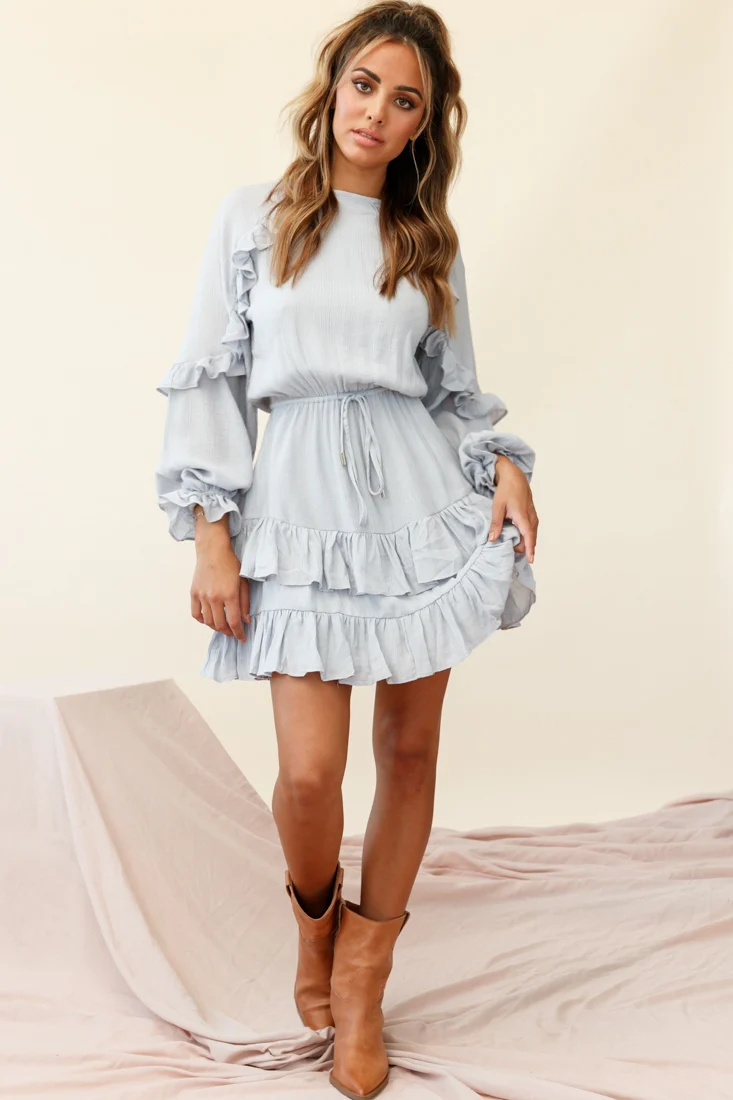 Best Wishes Long Sleeve Frill Detail Dress Grey