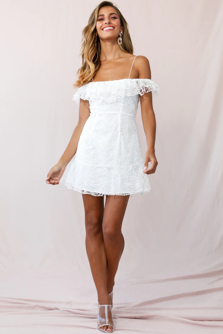 Enchanted Fine Mesh Frill Dress White