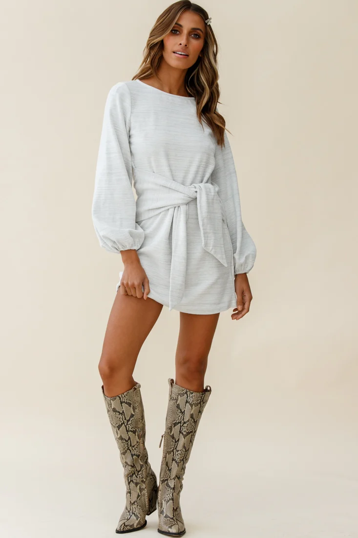 Rapt Waist Tie Bishop Sleeve Knit Dress Steel Grey