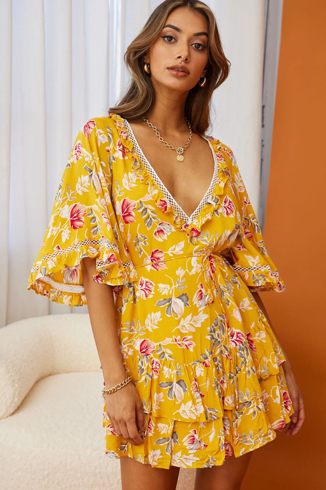 Lotus Crochet Trim Angel Sleeve Dress Floral Print Mustard