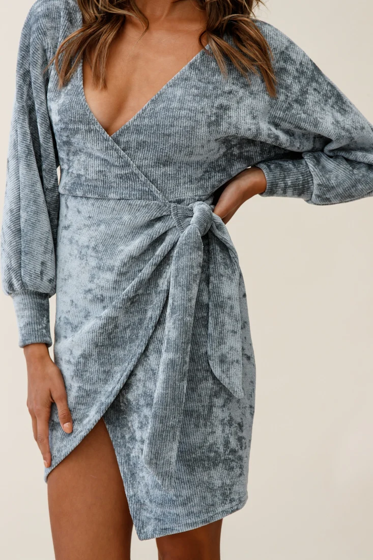 Isolde Ribbed Velour Wrap Dress Grey
